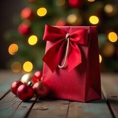 Close-up of red luxury Christmas gift bag with golden ornaments on wooden table with festive bokeh lights