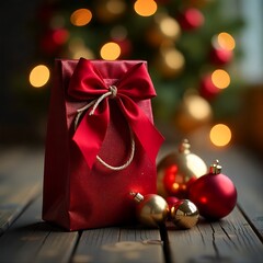 Close-up of red luxury Christmas gift bag with golden ornaments on wooden table with festive bokeh lights