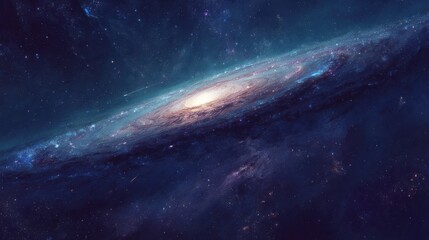 A stunning view of a spiral galaxy featuring a bright central core, surrounded by swirling cosmic dust and distant stars. The colors blend beautifully in the vastness of space.