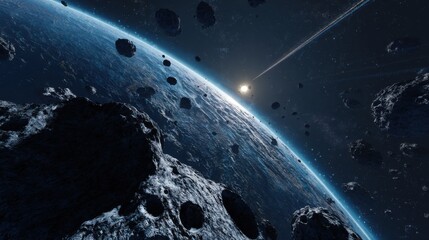 Fototapeta premium Numerous asteroids drift in the dark expanse of space, positioned close to a vibrant planet illuminated by a distant star. The scene captures cosmic beauty and vastness.
