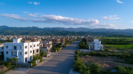 Obraz premium Peaceful Morning Scene with Rows of Fresh Houses Under a Clear Blue Sky in a Quiet Landscape