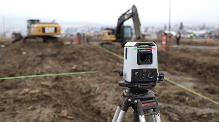 Advanced laser surveying instrument on tripod captures precise land measurements at an active construction site with heavy machinery and groundwork preparation underway