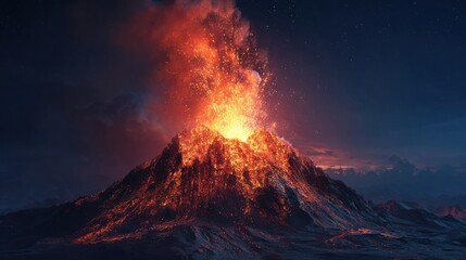 Fototapeta premium A volcano erupts vigorously, releasing bright lava and clouds of ash against a twilight sky. The fiery display illuminates the rugged terrain surrounding the volcano.