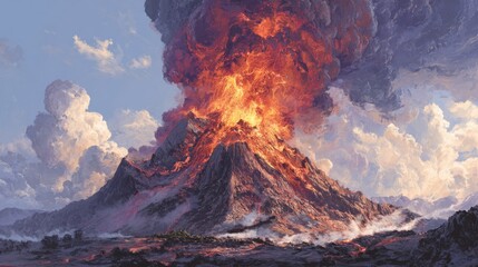 Fototapeta premium A volcanic mountain erupts violently, spewing lava and ash into the sky. Dark clouds loom above, while the fiery lava illuminates the surrounding landscape during daytime.