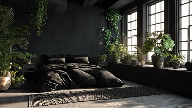 A stylish, dark bedroom boasts large windows, lush greenery, and a sophisticated black aesthetic.