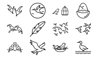 Bird Icons Collection – Flying Birds, Bird Footprints, Feather, Love Birds, Bird Cage, Nest with Eggs, Flock of Birds, and Parrot Outline Line Art on White Background