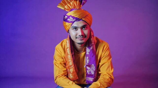 Indian man wearing a colorful traditional maharashtrian pheta turban and matching scarf, embodying pride and cultural heritage against a vibrant purple background