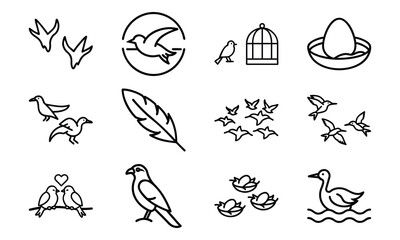 Bird Icons Collection – Flying Birds, Bird Footprints, Feather, Love Birds, Bird Cage, Nest with Eggs, Flock of Birds, and Parrot Outline Line Art on White Background