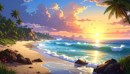 Tropical beach at sunset with palm trees and ocean waves image photo