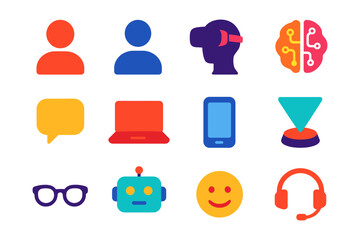 Colorful minimal technology and communication icons for digital interfaces