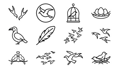 Bird Icons Collection – Flying Birds, Bird Footprints, Feather, Love Birds, Bird Cage, Nest with Eggs, Flock of Birds, and Parrot Outline Line Art on White Background