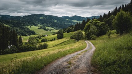 A winding gravel road meanders through the green hills of the countryside, under a cover of dark clouds, creating a tranquil yet dramatic atmosphere.