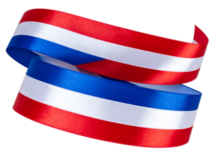 A festive ribbon banner in national flag colors, smoothly curved edges with folded