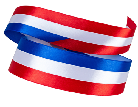 A festive ribbon banner in national flag colors, smoothly curved edges with folded