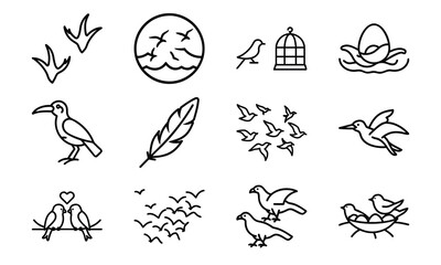 Bird Icons Collection – Flying Birds, Bird Footprints, Feather, Love Birds, Bird Cage, Nest with Eggs, Flock of Birds, and Parrot Outline Line Art on White Background