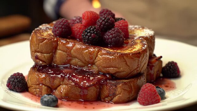 Close-up of French toast topped with berries and syrup