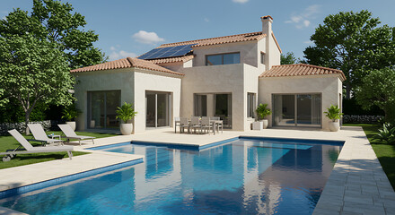 Modern mediterranean villa with a sparkling blue swimming pool and solar panels on the roof