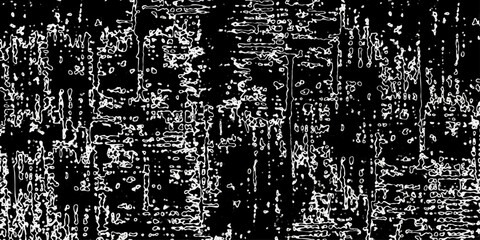 Abstract black and white textured background with irregular white outlines and scattered dots creating a chaotic yet organized visual pattern