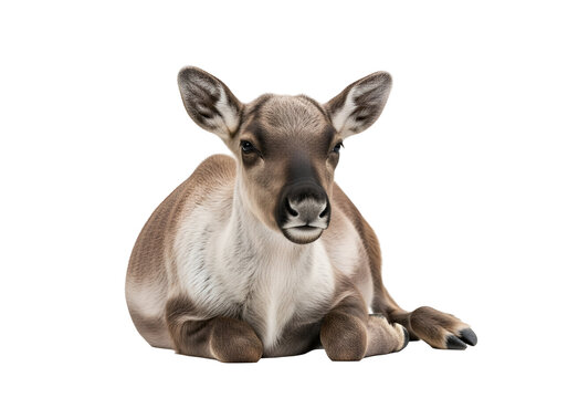 Close-up of a young reindeer resting, its soft fur and delicate features highlighted against a black backdrop.