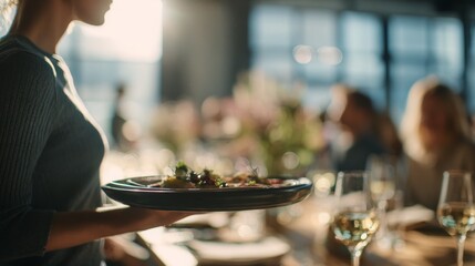 Indulge in a sophisticated dining adventure where a courteous waitress delivers gourmet fare at a stylish restaurant, creating a perfect blend of fine food, impeccable service, and an inviting