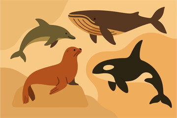 Obraz premium Marine mammals in warm tones: dolphin, whale, seal, and orca