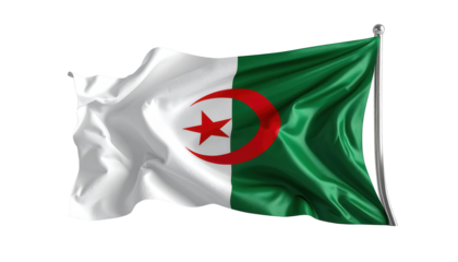 A digitally rendered image of the Tunisian flag, displaying flowing fabric textures and vibrant colors against a black backdrop.
