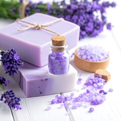 Lavender soap and bath salts on white wooden background