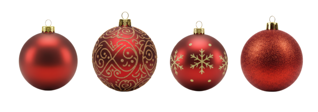 Red Christmas baubles in various designs, isolated, transparent background  