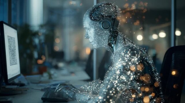A Futuristic Digital Entity Engaged in Analytical Processing at a Computer Station, Surrounded by Glimmering Particles and High-Tech Environment