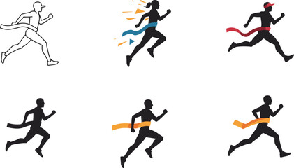 Runners crossing finish line, race victory, athletic silhouettes, motion ribbon, competition success, vector sports illustration