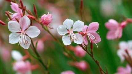 Fototapeta premium Delicate pink and white flowers bloom amidst lush green foliage, showcasing the beauty of nature in a garden during the spring season. This colorful display highlights the joy of renewal.