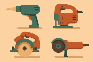 Fototapeta premium Colorful flat style power tools: drill, jigsaw, circular saw, angle grinder
