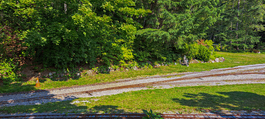 trilhos de trem em parque de Vancouver, Canadá