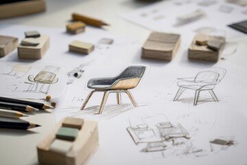 Detailed design sketches of a modern chair, showcasing various perspectives and design elements, with a focus on the chair's structure and form, and natural color palette.