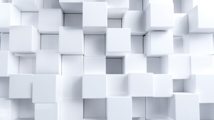 This artwork features a close arrangement of white cubes positioned in various orientations, forming a three-dimensional textured surface. The clean, modern design emphasizes simplicity and depth.