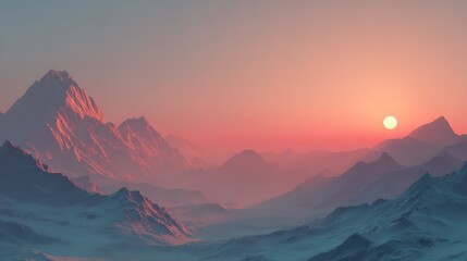 Expansive Mountain Landscape at Sunset with Vibrant Colors and Soft Clouds