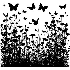 Silhouette butterflies and flowers vector art design meadow illustration