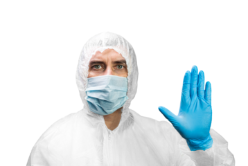 Man in protective suit and medical mask, closeup. Isolated on transparent background