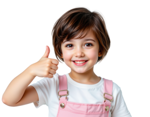 Happy girl with short hair giving thumbs up gesture and smiling