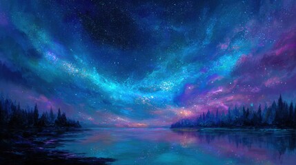 Fototapeta premium Colorful swirls of blue, purple, and pink fill the night sky above a calm lake, surrounded by dark silhouettes of trees reflecting the vibrant hues at dusk.