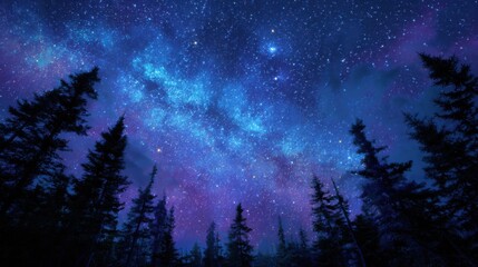 Fototapeta premium A breathtaking view reveals a starry night sky illuminated by vibrant colors above a tranquil forest. The trees stand silhouetted against a dazzling celestial display, creating a serene atmosphere.