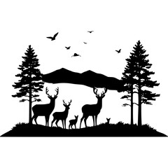 Silhouette deer family in forest with mountains and birds vector design