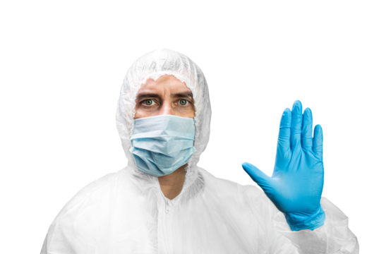 Man in protective suit and medical mask, closeup. Isolated on transparent background