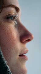 Experience a close-up of a woman's face, beautifully covered in frost and snow, reflecting winter's icy touch and inner serenity, portraying natural elegance and peacefulness amidst the cold, snowy