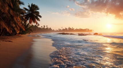 Naklejka premium A coastal landscape showcases a beautiful sunset with colorful hues reflecting on calm waves. Palm trees line the sandy beach, creating a serene atmosphere during twilight.