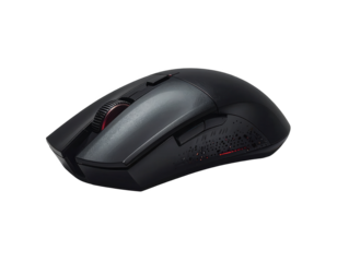 A dark gray wireless computer mouse is angled and highlighted against a black background.
