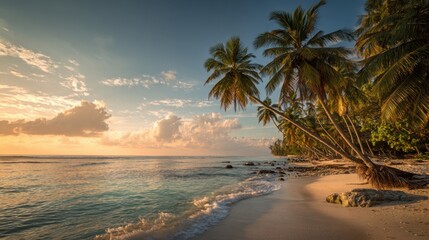 Golden sunlight reflects off calm ocean waters at sunset, illuminating the sandy beach lined with palm trees. The peaceful setting invites relaxation and enjoyment of nature.