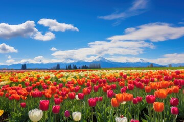 Colorful blooming tulips against snow capped mountains and blue sky flowers spring