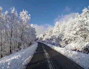 Snowy road through a winter forest