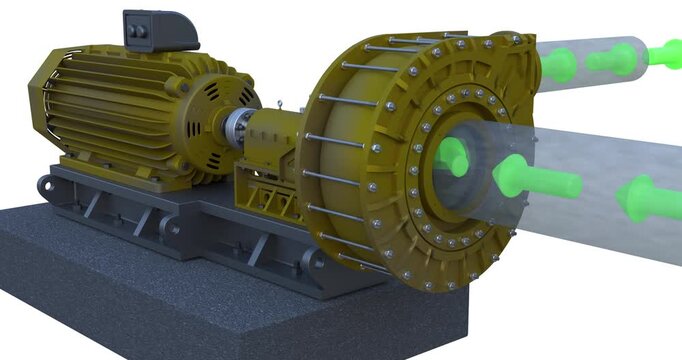 Electric motor connected to a centrifugal pump with a shaft coupling, used in industrial applications for fluid transfer. Video shows suction inlet and discharge animation